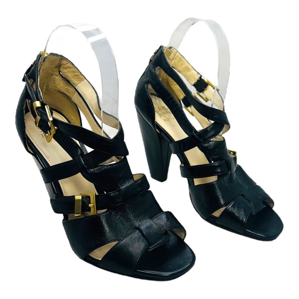 Saks Fifth Avenue Lyle Black Leather Heels Strappy Zip Open Toe Pumps 6.5M - Picture 3 of 13